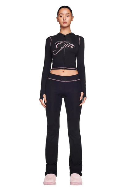 iamgia black cotton zipper hooded long sleeved high stretch top low waist micro flared pants for women 2024