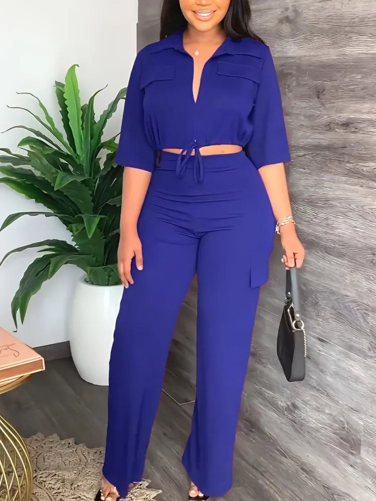 Elegant Office Women Two Piece  Short Shirt + Wide Leg Trousers Set
