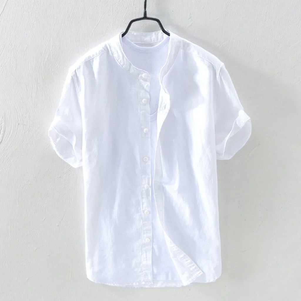 Men's Casual Cotton Linen Shirt Loose Tops Short Sleeve Tee Shirt Summer Daily Casual Handsome Shirt Blusa