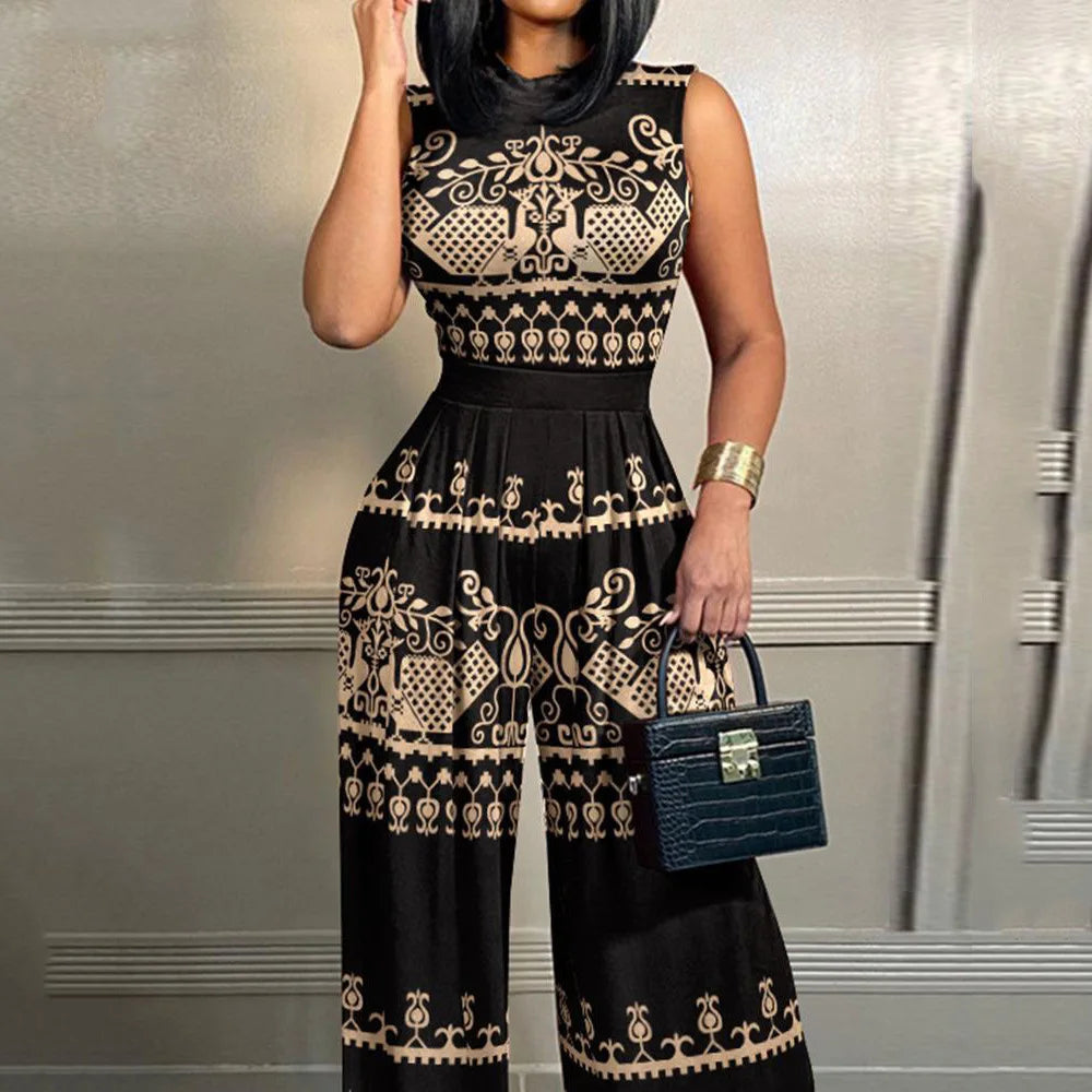 Elegant Women Wide Leg Long Printed Sleeveless Jumpsuits Trouser