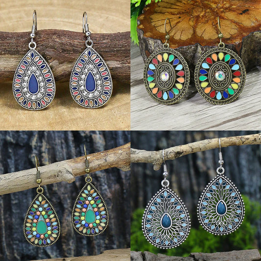 Boho Colorful Flower Round Drop Earrings for Women Vintage Gold Plated Crystal Inlaid Earrings Bridal Wedding Party Jewelry Gift