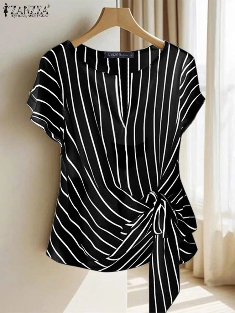 ZANZEA Women Fashion Tie-Front Striped Blouses 2025 Summer Stylish V-Neck Short Sleeve Tops Elegant Casual Commute Blusas Mujer
