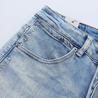 25SS New Cross Jeans Men fashion Personality Trend Hip-hop Multi-style Low Rise Elastic Skinny Denim Pants Frayed Trousers