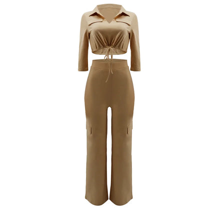 Elegant Office Women Two Piece  Short Shirt + Wide Leg Trousers Set