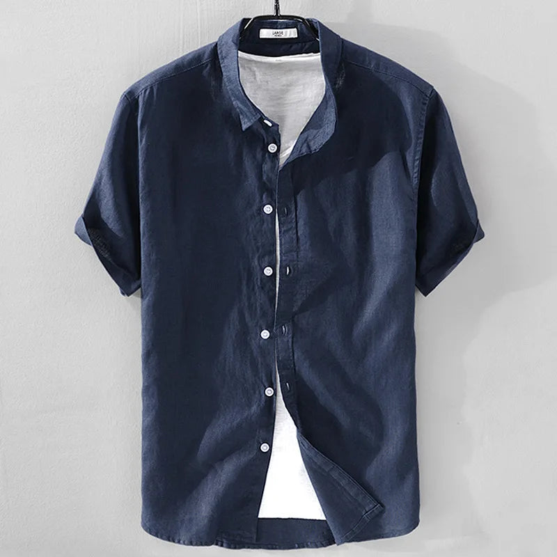 2025 Pure Linen Short Sleeved Shirt Men's Linen White Shirt Cotton Linen Men's Upper Garment Men's Casual Summer Half Sleeved