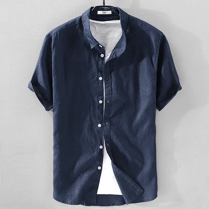 2025 Pure Linen Short Sleeved Shirt Men's Linen White Shirt Cotton Linen Men's Upper Garment Men's Casual Summer Half Sleeved