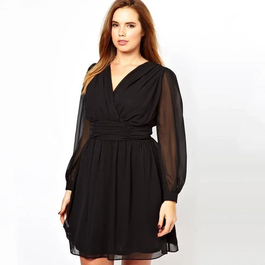 Plus Size Long Lantern Sleeve Chiffon Party Dress Women Sexy V-neck Spring Knee Length Black Elegant Fashion A-line Wrap Dress