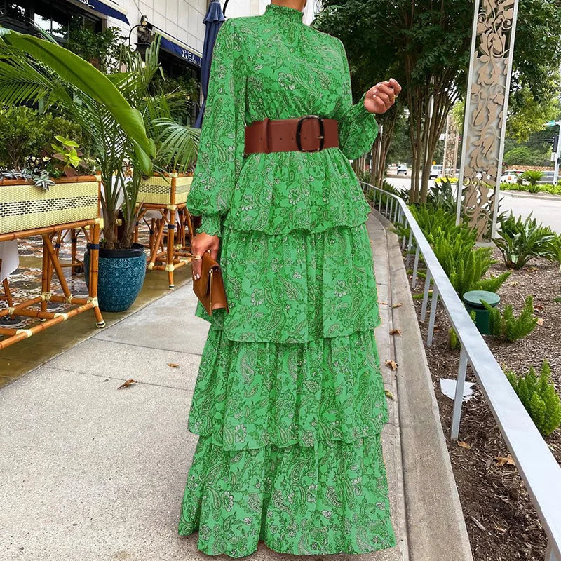 Summer Long Dress Women Stand Collar Fashion Designer Long Sleeve Print Ruffles Vintage High Waist Dresses with Belt