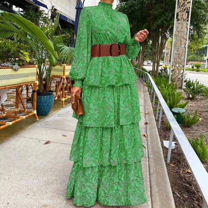 Summer Long Dress Women Stand Collar Fashion Designer Long Sleeve Print Ruffles Vintage High Waist Dresses with Belt
