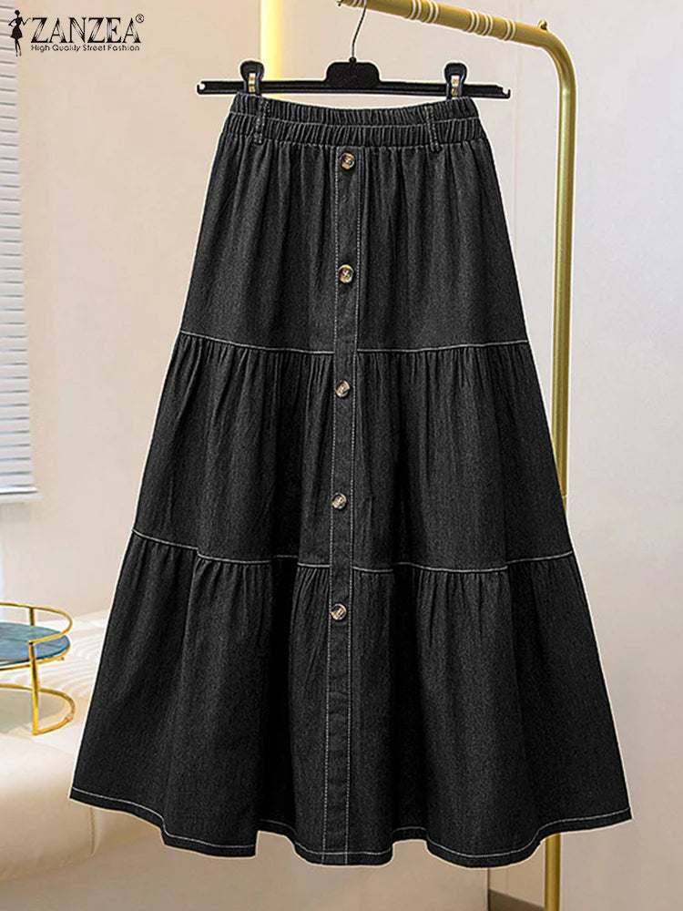 Autumn Elastic Waist Solid Skirts ZANZEA Fashion Women Denim Blue Skirt Elegant A-line Work Overskirts Casual Loose Holiday Jupe