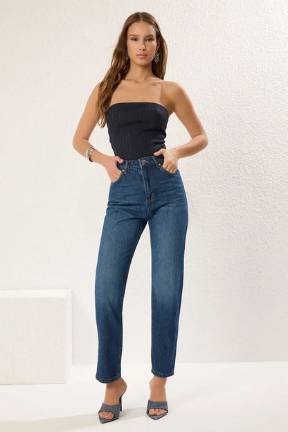 Women's Jeans Casual Double Side Pockets Beltless Denim Straight Leg Plain Zip fly Pants Fashion Clothing
