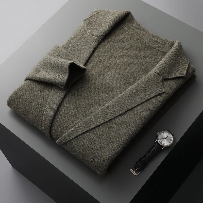 Autumn Winter New 100% Merino Wool Men's Suit Collar Knitted Cardigan Thickened Solid Color Suit Shirt Cashmere Sweater Jacket