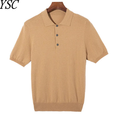 Summer Classic Men Knitwear Silk Wool Blend Sweater Pullover Polo Neck T-Shirt Short Sleeved Cool High-Quality Clothing Tops