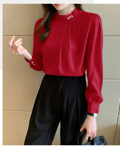 Spring Autumn Satin Women's Blouses 2025 New Long Sleeve Beading Solid Stand Collar Workwear Office Lady Elegant Shirt Female