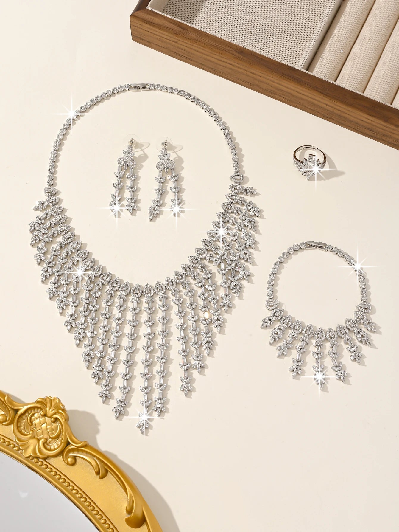 Luxury Platinum plated white stone  Jewellery Set 4-piece Wedding Anniversary Gift