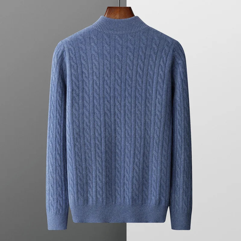 Autumn and winter new 100% merino cashmere sweater men's padded twist top zipper collar bottoming shirt plus size knit pullover
