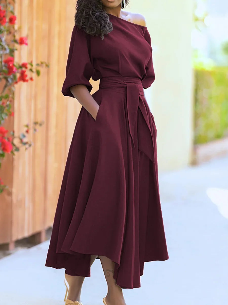 Women's S-2XL Size New Slanted Shoulder Collar Tie Waist Style Solid Color Dress Leopard print maxi dresses for women