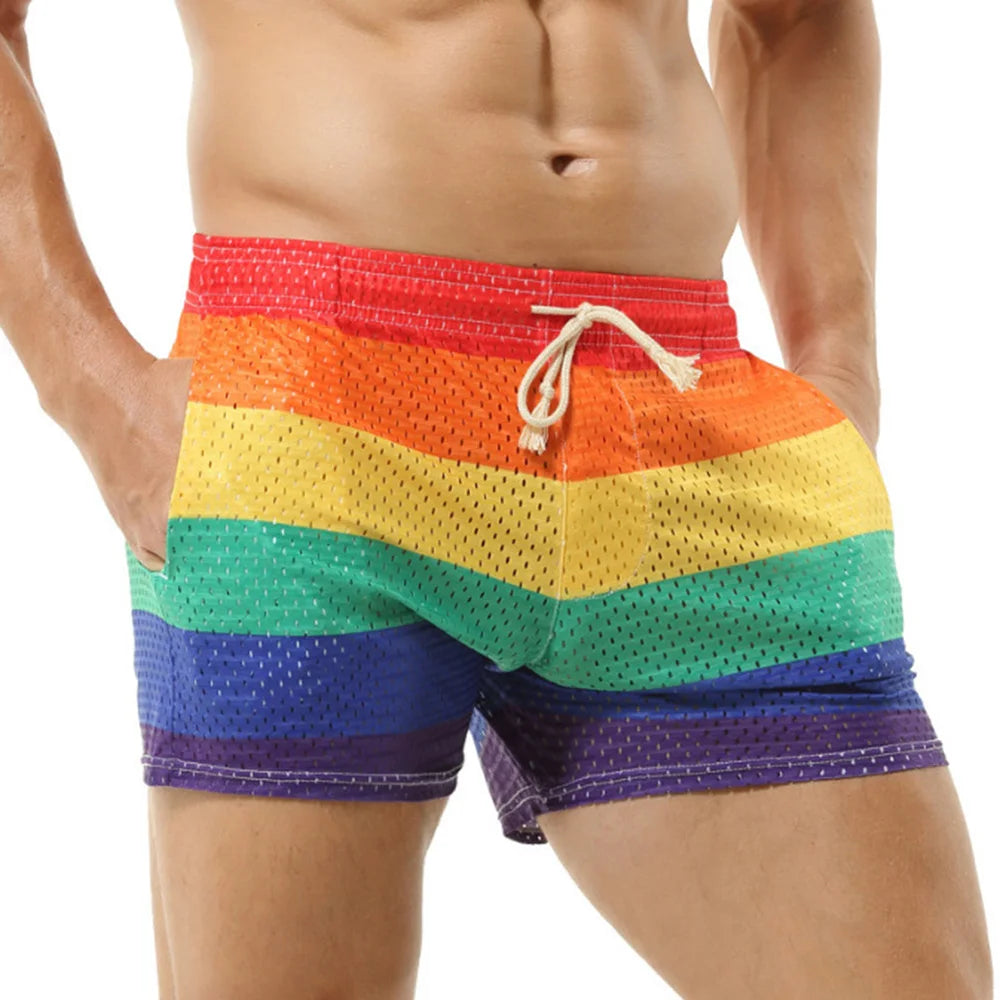 Mens Shorts Rainbow Hollow Breathable Casual Swimming Trunks Spring/Summer Daily Gym Fitness Sports Pant Men'S Clothing 2025 New