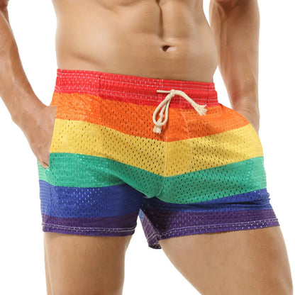 Mens Shorts Rainbow Hollow Breathable Casual Swimming Trunks Spring/Summer Daily Gym Fitness Sports Pant Men'S Clothing 2025 New