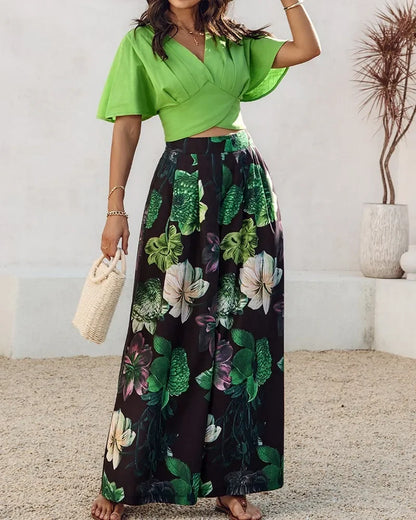 Elegant 2 Pieces for Woman Elegant V-Neck Short Sleeve Ruched Top and Floral Print Pocket Design Wide Leg Pants Sets