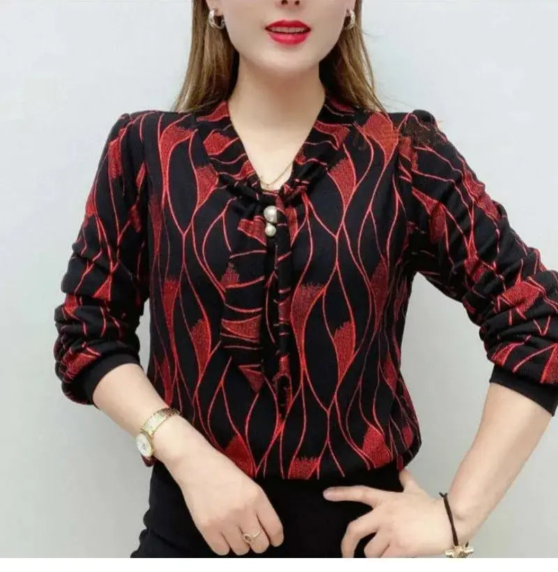 Female Clothing Wave Printed V-Neck Shirt Bandage Spring Autumn New Diamonds Chic Pearl Three-dimensional Decoration Blouse 2025