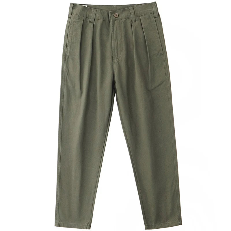 Autumn New American Retro Twill Pleat Chino Cargo Pants Men's Fashion 100% Cotton Washed Old Casual Straight Trousers