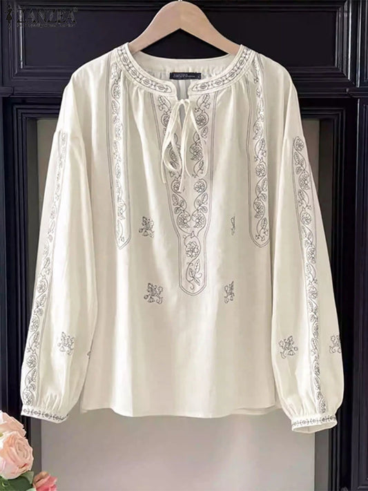 ZANZEA Ethnic Style Printing Woman Blouses Casual V-Neck Lace-Up Long Puff Sleeve Blusas Mujer 2025 Spring Summer Smock Tops