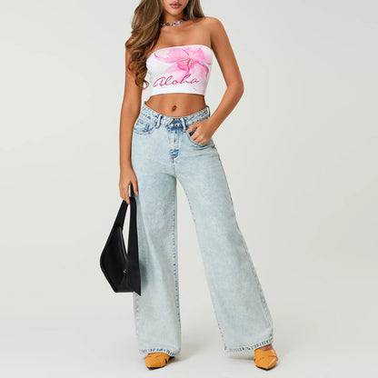 Simple Stylish Low Waist Casual Wide Leg Pants Women Spring Summer Solid Color Jeans with Pockets Streetwear
