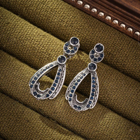 Vintage Antique Silver Color Blue Zircon Stone Dangle Drop Earring Women Retro Party Ethnic Style Accessories Female Earrings