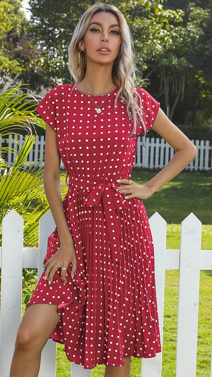 Women Short Sleeve Polka Dot Print Midi Dresses
