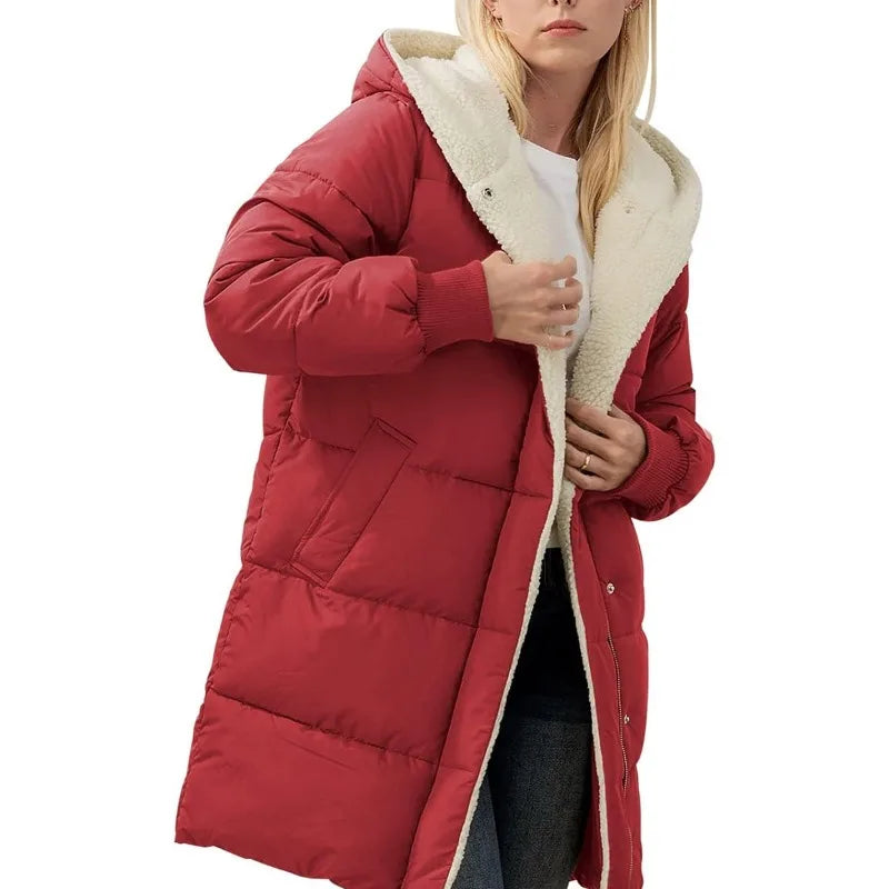 Womens Winter Warm Coats Sherpa Fleece Lined Long Hooded Puffer Jacket