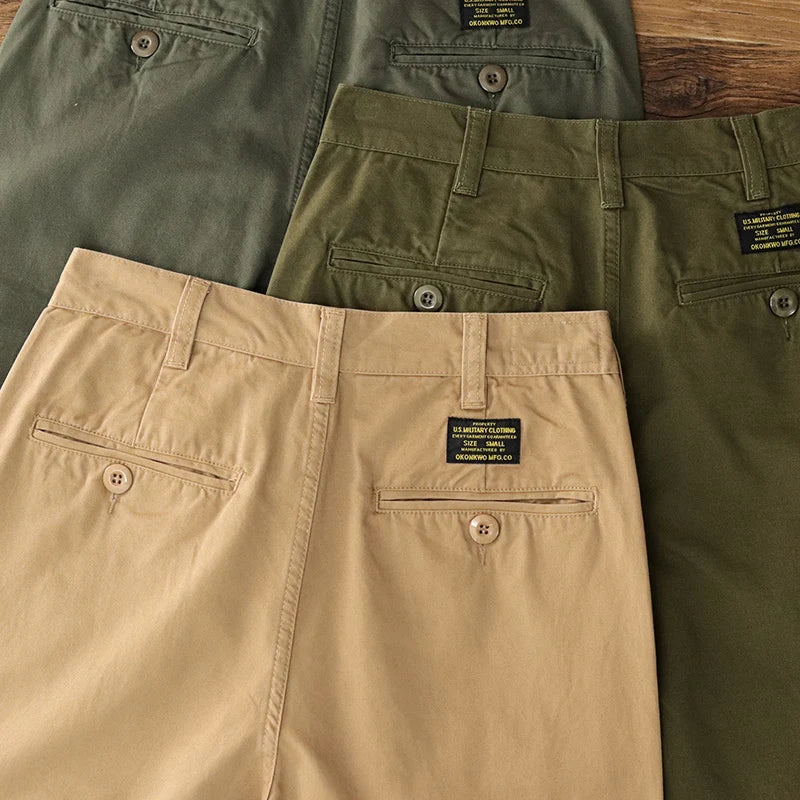 Autumn New American Retro Twill Pleat Chino Cargo Pants Men's Fashion 100% Cotton Washed Old Casual Straight Trousers