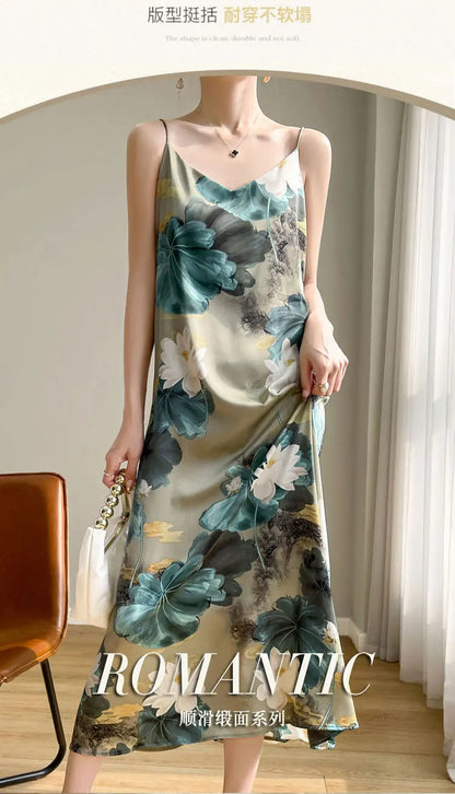 2024 Spring and Summer New Women's Dress Colorful Flower Suspender Skirt Satin Silky Dress Cool and Comfortable