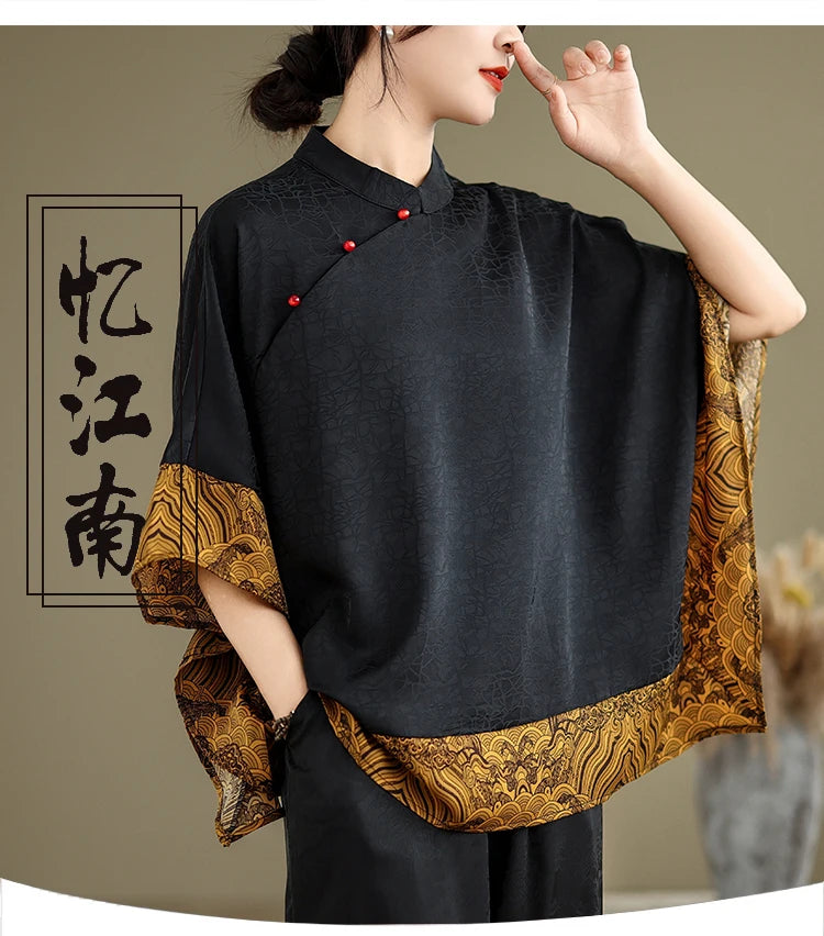 Mulberry Silk Chinese Style T-shirt for Women Spring Summer Fashion Vintage Patchwork Half Sleeve Cloud Embroidery Female Blouse