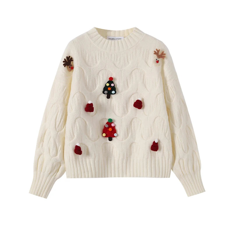 Women Christmas Pullover Knitted Sweater Y2k Fashion Harajuku Korean Vintage O-Neck Long Sleeves Red Sweaters 2000s Clothes 2024