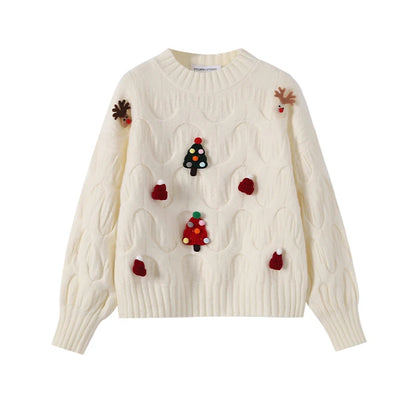 Women Christmas Pullover Knitted Sweater Y2k Fashion Harajuku Korean Vintage O-Neck Long Sleeves Red Sweaters 2000s Clothes 2024