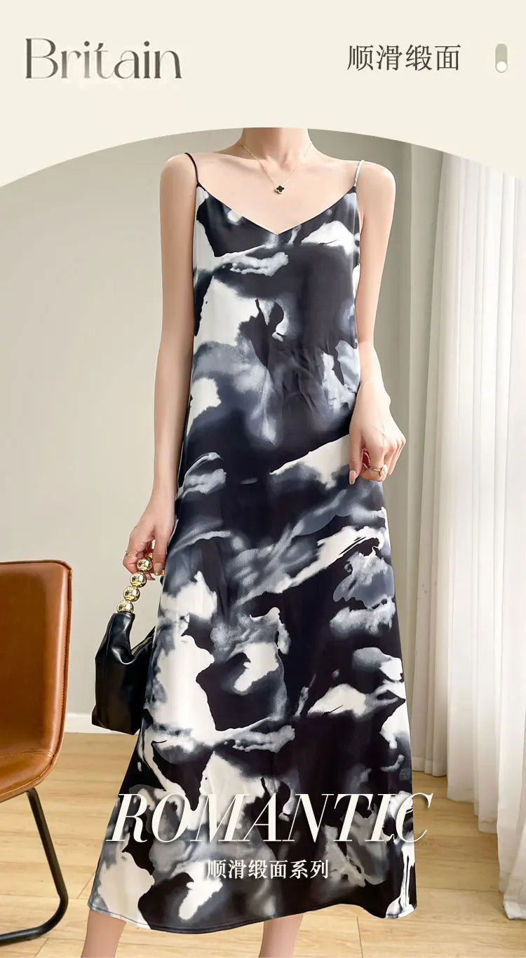 2024 Spring and Summer New Women's Dress Colorful Flower Suspender Skirt Satin Silky Dress Cool and Comfortable