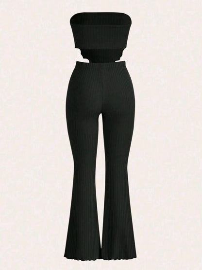 Spring and summer new high-elastic pit strip chest-wrapped flared pants two-piece set