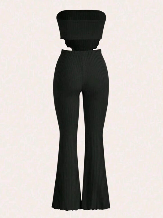 Spring and summer new high-elastic pit strip chest-wrapped flared pants two-piece set