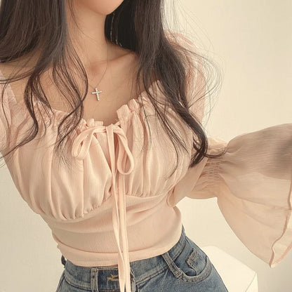 Women Chiffon Blouse Summer Shirt Square Collar Folds Lace Up Waist Tops Korean Fashion Flare Sleeve Elegant Blouses Femme