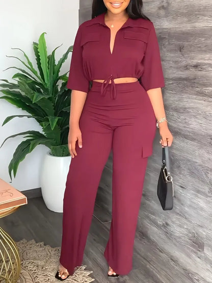 Elegant Office Women Two Piece  Short Shirt + Wide Leg Trousers Set