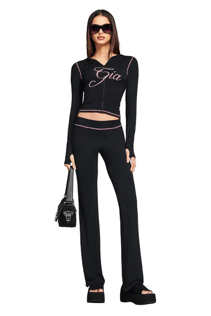 iamgia black cotton zipper hooded long sleeved high stretch top low waist micro flared pants for women 2024
