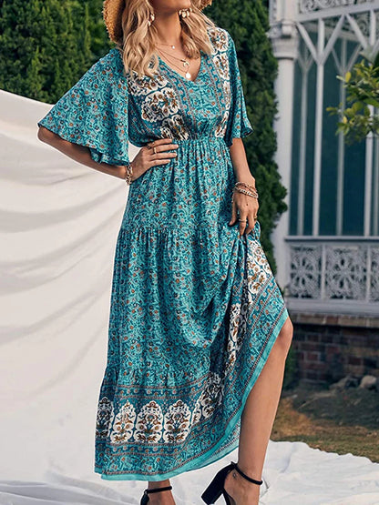 Boho Retro Printed Long Beach Dress Summer Women Flare Short Sleeve V Neck Summer A-Line Dress 2022 Party Elegant Dress