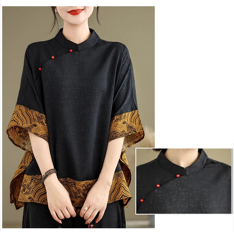 Mulberry Silk Chinese Style T-shirt for Women Spring Summer Fashion Vintage Patchwork Half Sleeve Cloud Embroidery Female Blouse