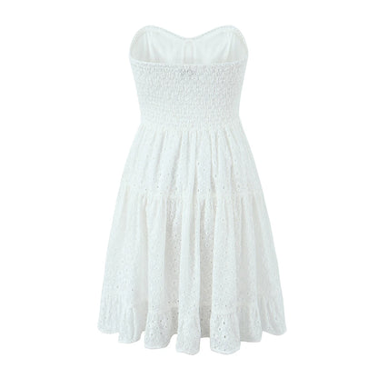 Evening Party Embroideryed Dress Elegant Summer Solid Color White Lace dress Off Shoulder Short Dress Front Tie Back Shirred