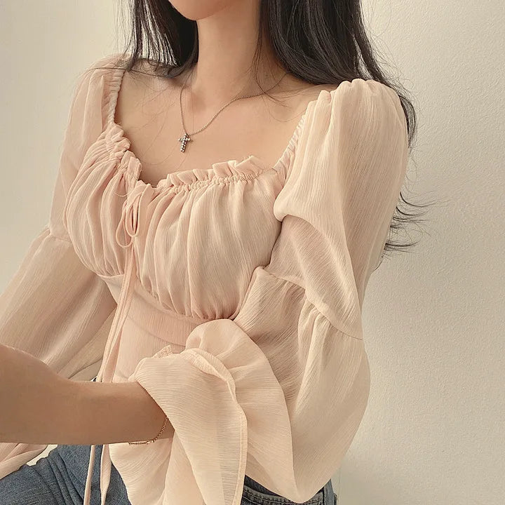 Women Chiffon Blouse Summer Shirt Square Collar Folds Lace Up Waist Tops Korean Fashion Flare Sleeve Elegant Blouses Femme