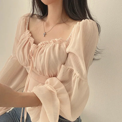 Women Chiffon Blouse Summer Shirt Square Collar Folds Lace Up Waist Tops Korean Fashion Flare Sleeve Elegant Blouses Femme