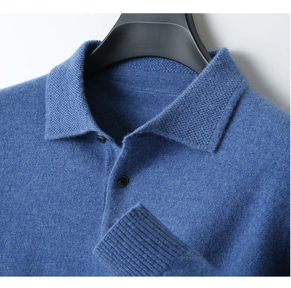Autumn and winter new 100% pure wool sweater men's POLOL neck sweater lapel button cashmere sweater business bottoming shirt.