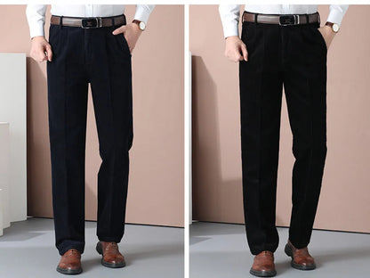Men's Corduroy Pant Autumn Thick Straight Fit Flat-Front Casual Chino Pants Black Casual Trousers Male