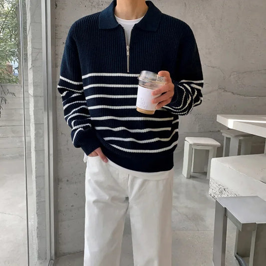 Autumn Korean Men's Light Style Lapel Long Sleeve Sweater Fashion High-end Loose Retro Casual Half Zip Striped Sweater Top